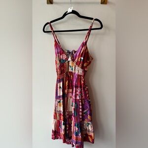 Angie, Red Patchwork Print Tie-Back Midi Dress 16” P2P 11.5” Waist, Size S | 212